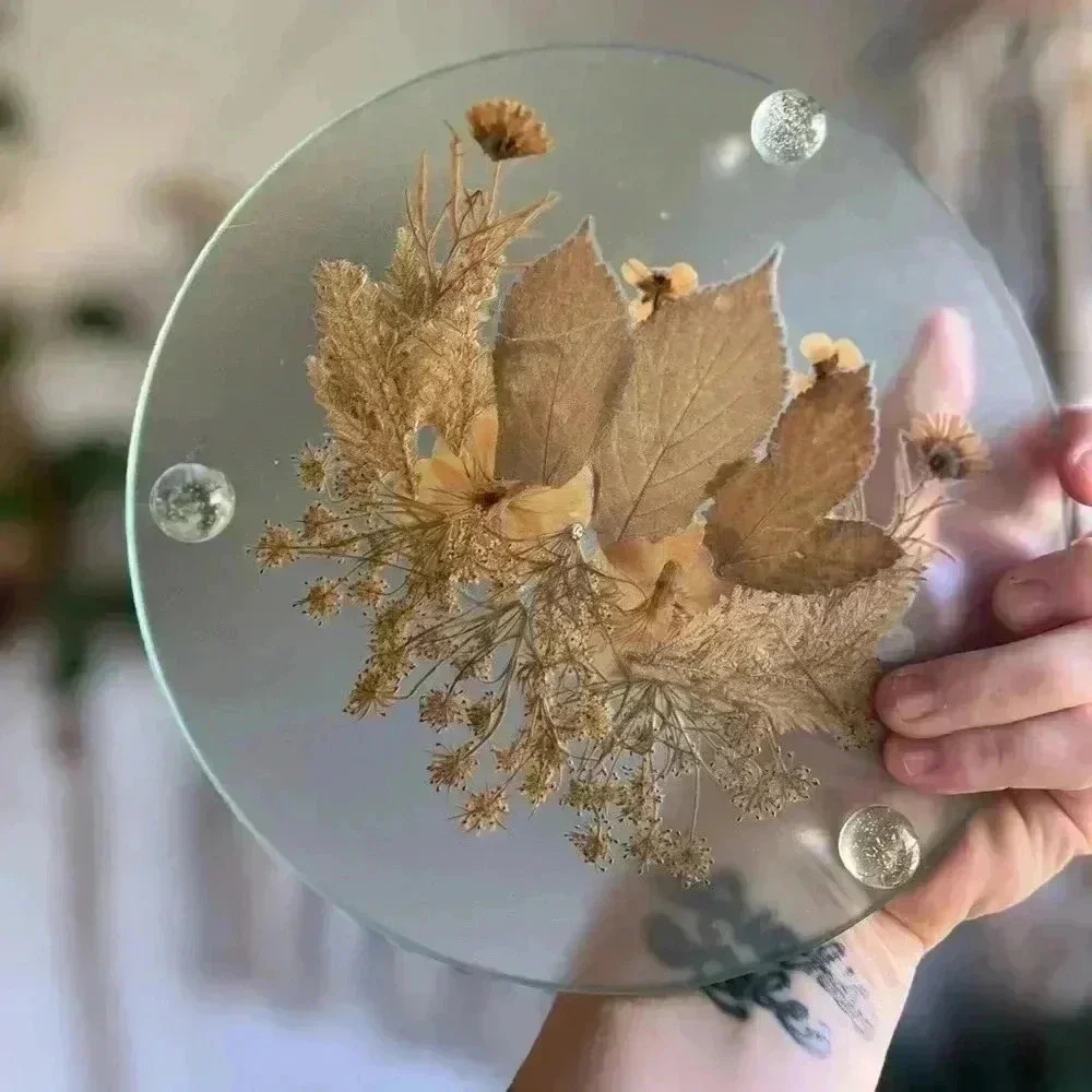 Vintage Glass Trivet with Pressed Dried Flowers 8
